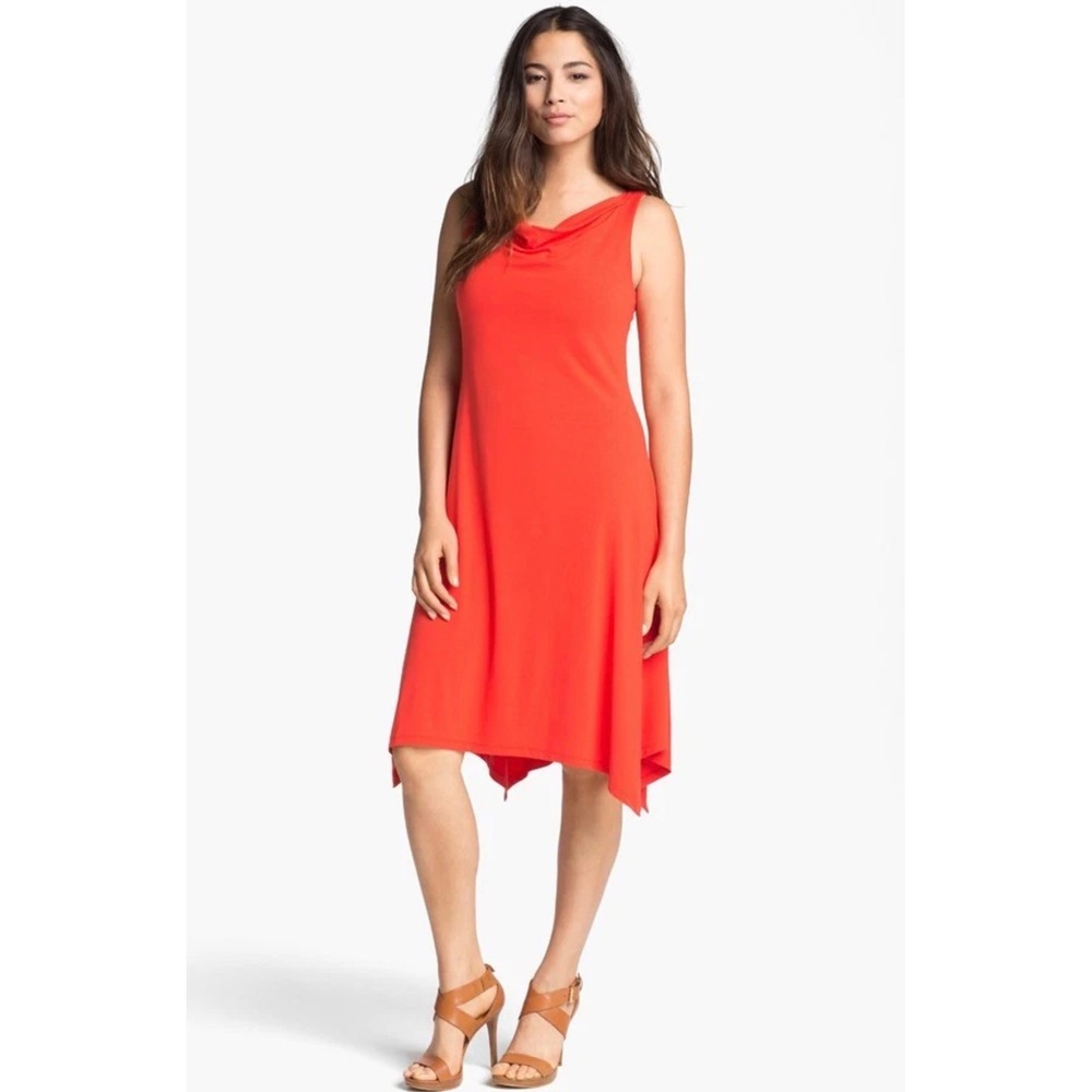 Eileen Fisher Cowl Neck K/L Dress Red Orange Firefly Viscose Jersey Small $198
